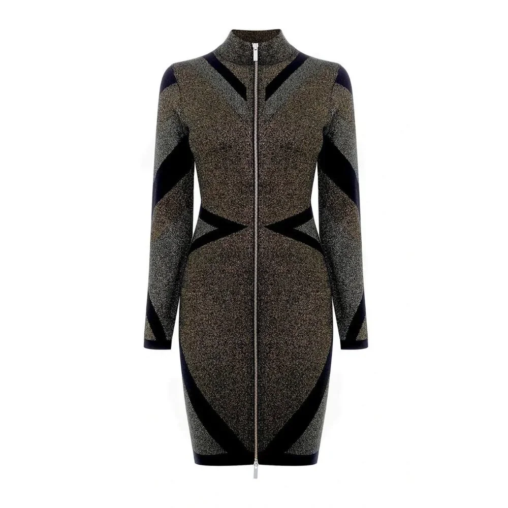Karen Millen Metallic Bandage Knit Bodycon Dress Front Zip Gold Black UK S 4-6 - Picture 1 of 16